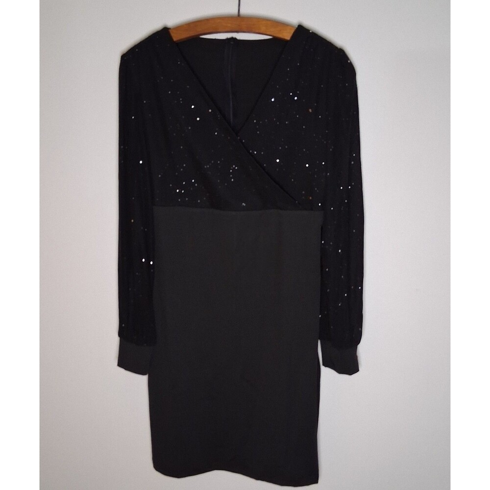 Black Glitter Top V-Neck Long Sleeve Mini Dress With Sheer Accents Size Large